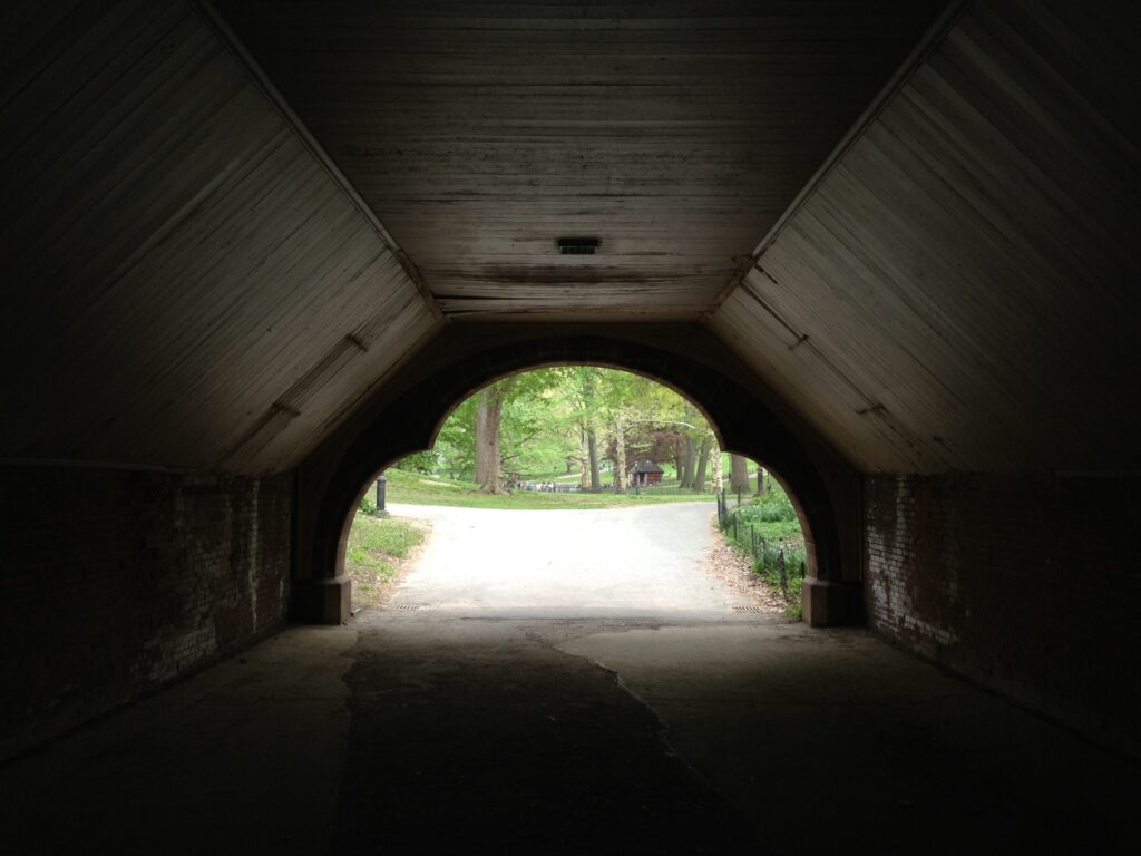 View from inside a dark tunnel looking out onto a bright park path lined with green trees.